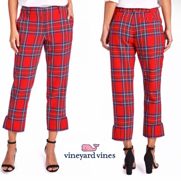 Vineyard Vines Jolly Plaid Ruffle Calypso Red Cocktail Pant Women’s Size 00 NWT - Picture 2 of 15